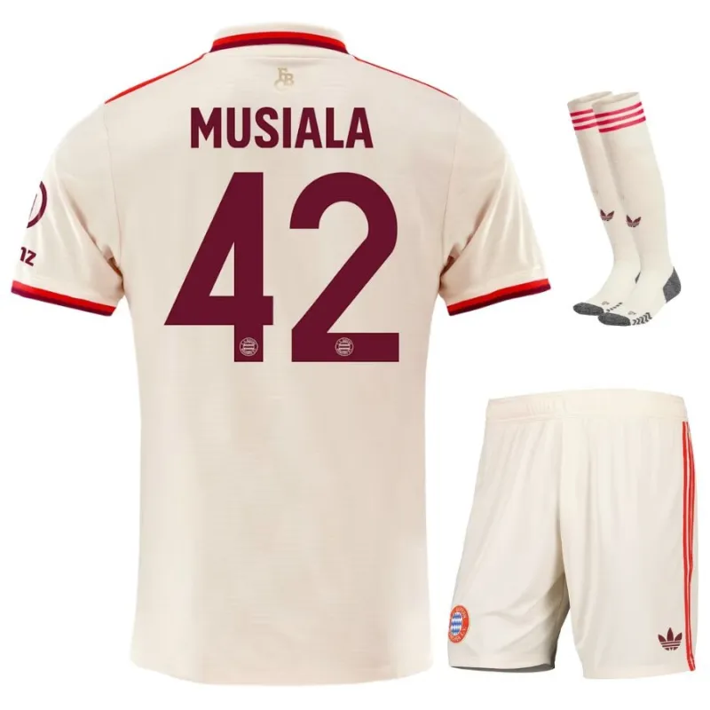 Kit Terza Junior Bayern Munich 2024/25 con Musiala - Versione Tifoso (Cremisi)