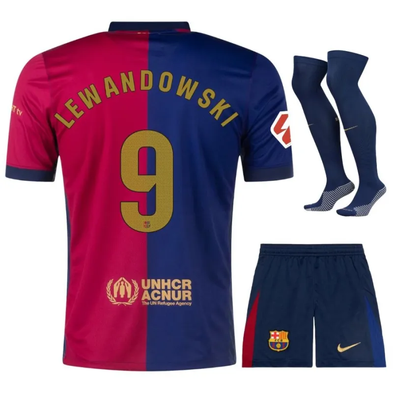 Lewandowski FC Barcelona 2024-25 Home Kids' Jersey Set - Blue/Red