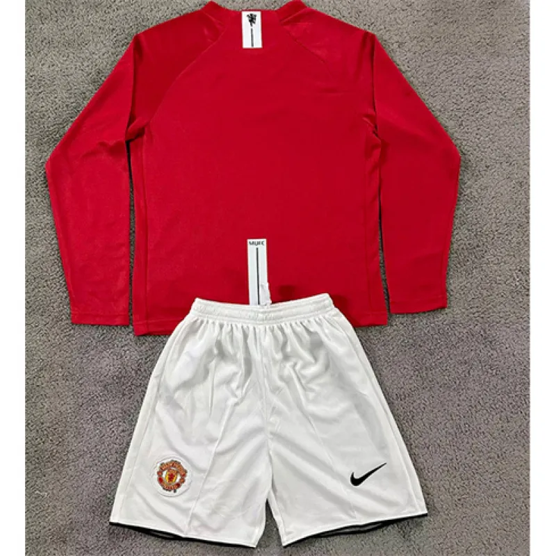 Manchester United Kids' Long Sleeve Retro Jersey + Shorts 2007/08 Home - Red