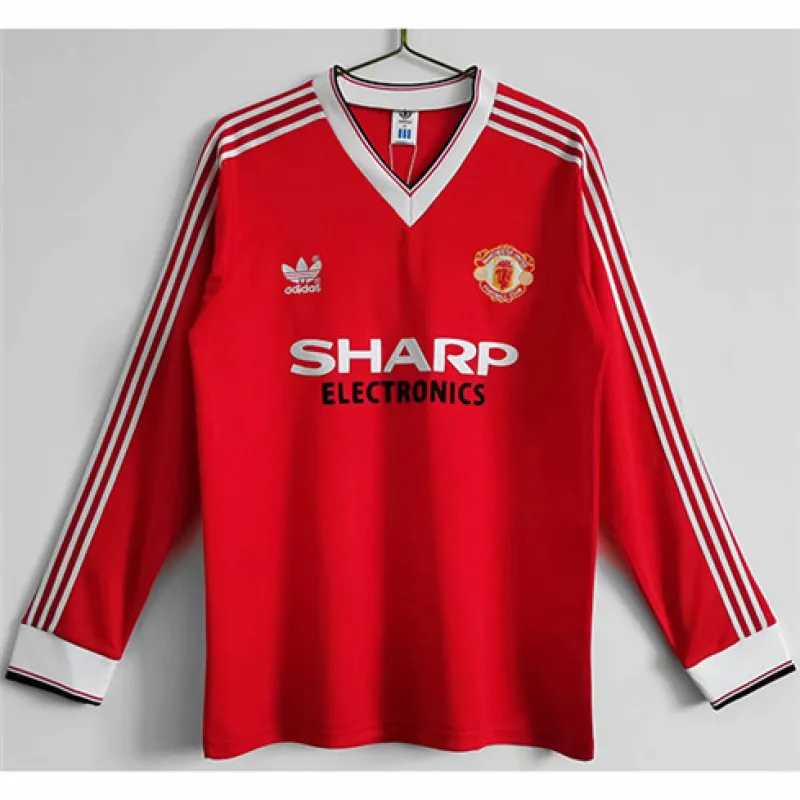 Maglia retro a maniche lunghe di casa rossa di Manchester United nel 1983