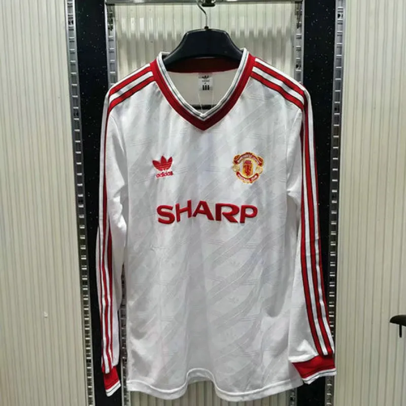 Camiseta retro de mangas largas de fuera blanca de Manchester United en 1986
