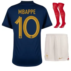 Kylian Mbappé's French national team 2022 home World Cup children's jersey set - Blue