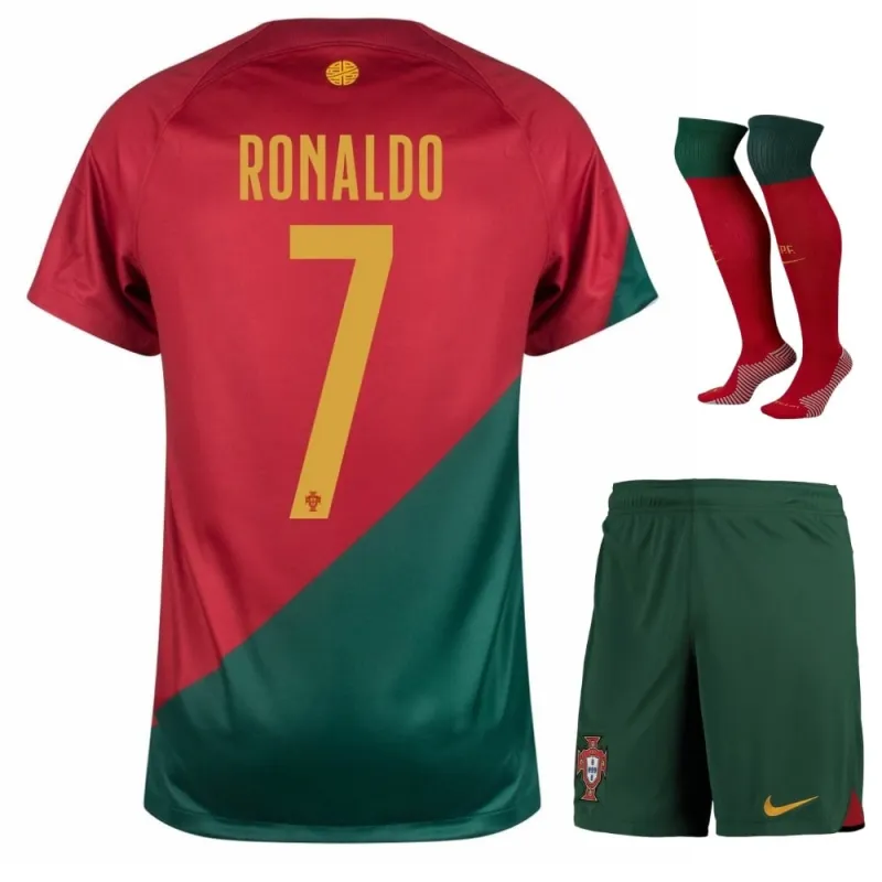Conjunto de camisetas infantiles de campo de la Copa del Mundo 2022 de Portugal de Ronaldo - Rojo y Verde