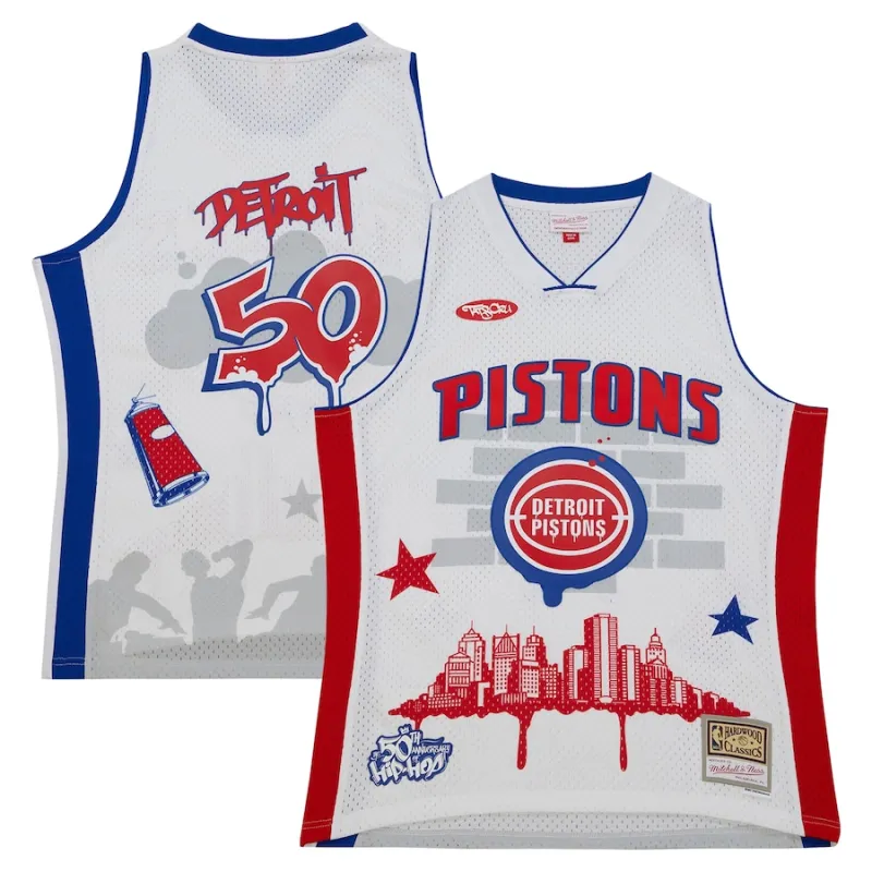 Detroit Pistons Maillot de mode Hardwood Classics de Mitchell & Ness x Tats Cru - Blanc