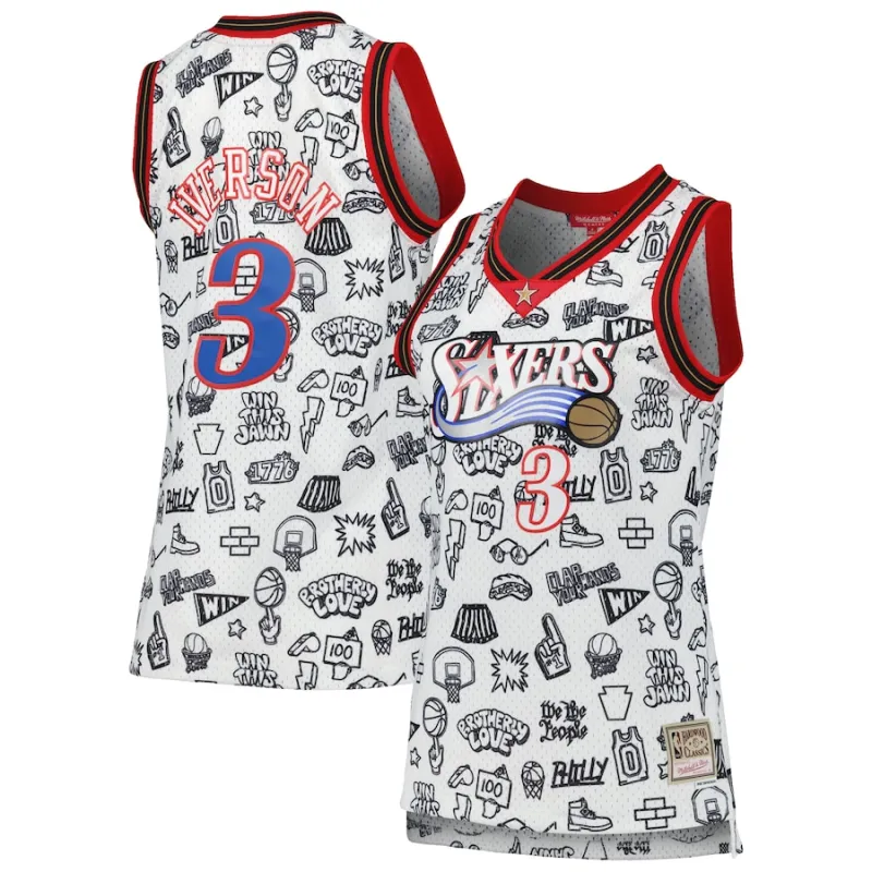 Allen Iverson Philadelphia 76ers Mitchell & Ness Camiseta Swingman Doodle 2000 para Mujeres - Blanco