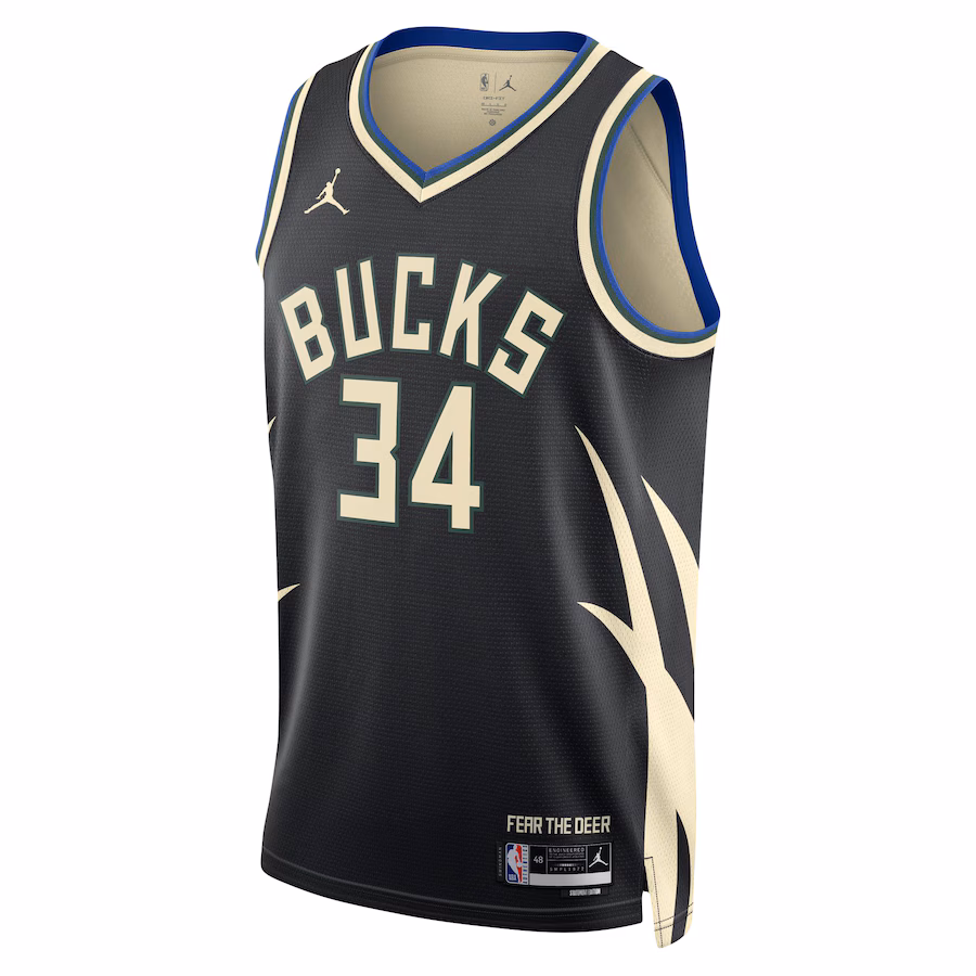 Giannis Antetokounmpo, Maillot Swingman pour hommes et femmes de la marque Jordan des Milwaukee Bucks - Édition Déclaration - Noir