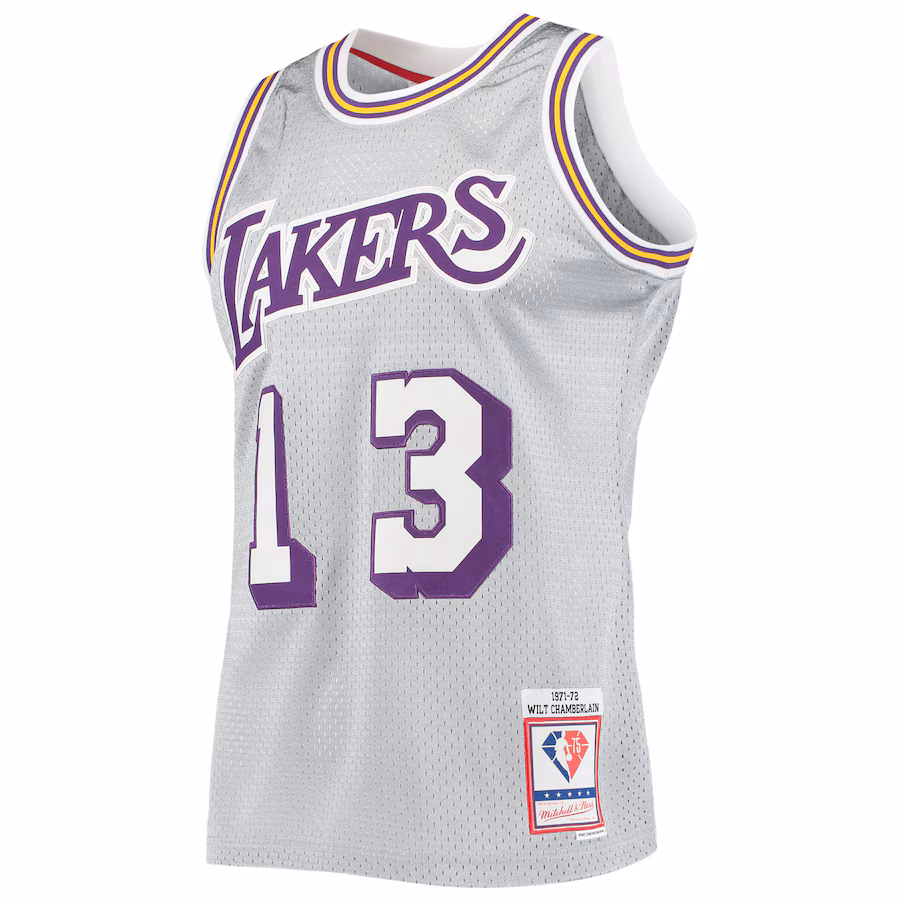 Wilt Chamberlain, Los Angeles Lakers, 75e Anniversaire 1971/72 Jersey Classique Vintage, Argent